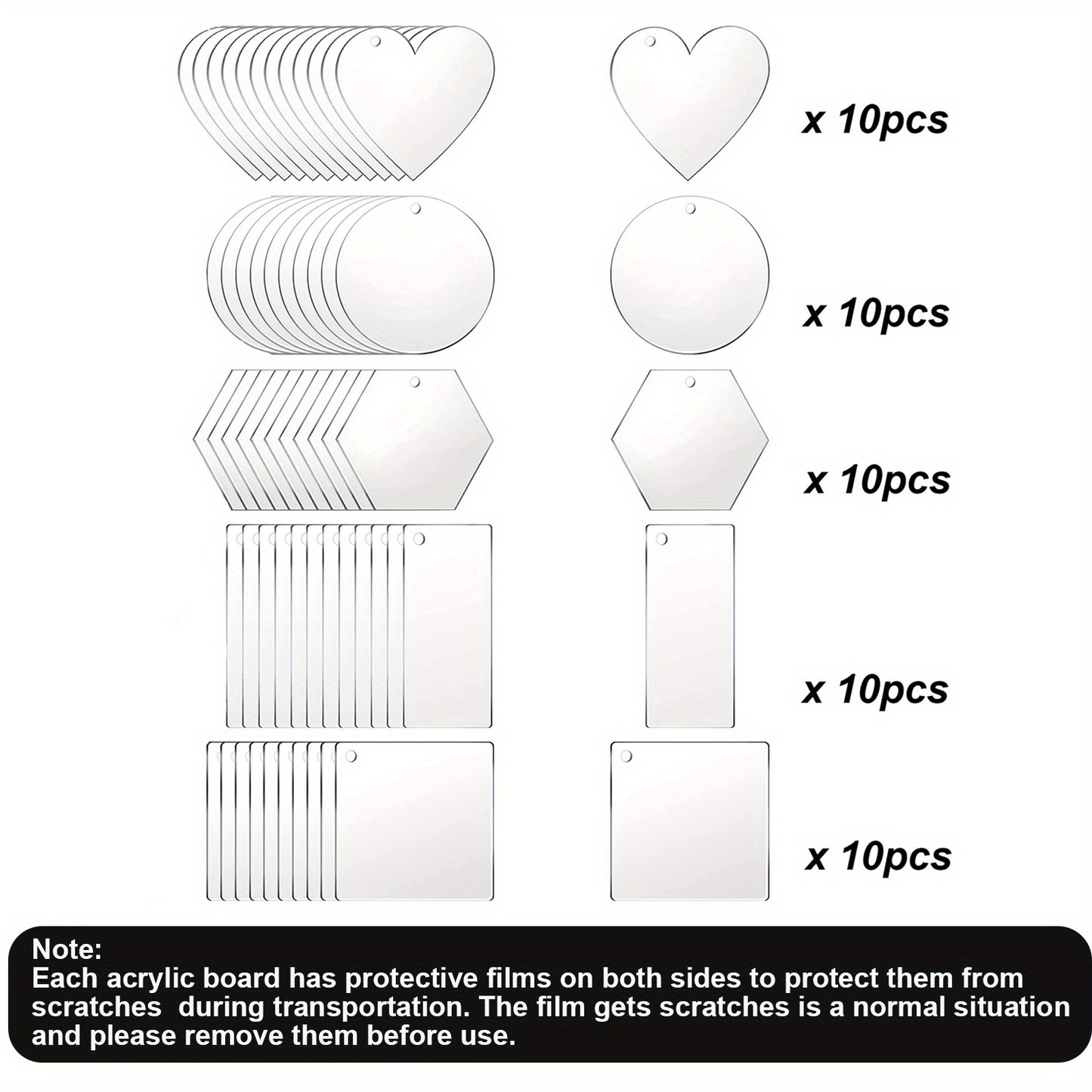 50pcs Acrylic Keychain Blanks: Round, Heart, Square, Rectangle & Hexagon Shapes - Perfect for DIY Crafts & Handmade Projects!