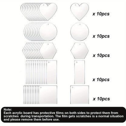 50pcs Acrylic Keychain Blanks: Round, Heart, Square, Rectangle & Hexagon Shapes - Perfect for DIY Crafts & Handmade Projects!