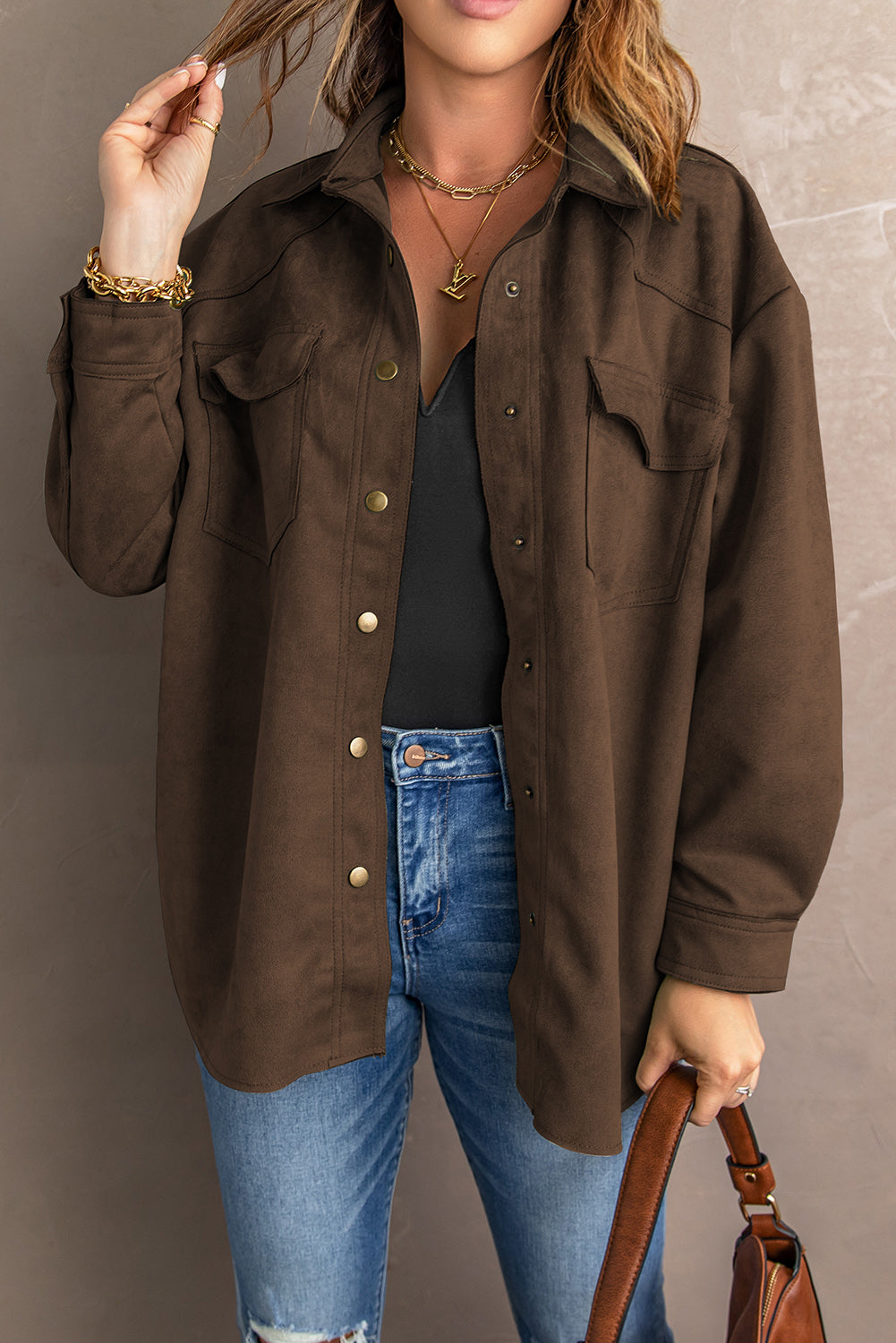 Suede Snap Front Dropped Shoulder Jacket