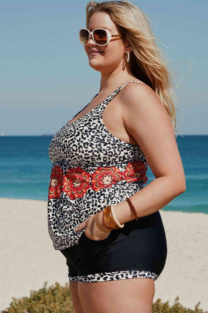 Plus Size Mixed Print Tankini Set with Pockets