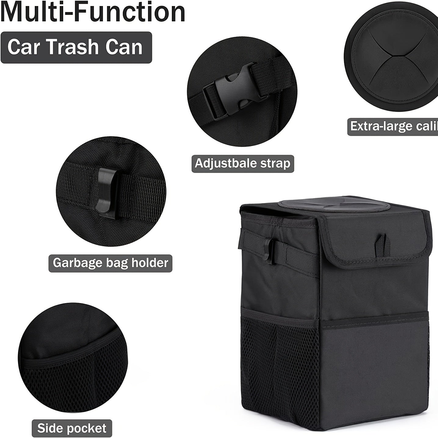 6L Waterproof Mini Car Trash Can with Lid and Storage Pockets - Multipurpose Garbage Can for Hanging Accessories