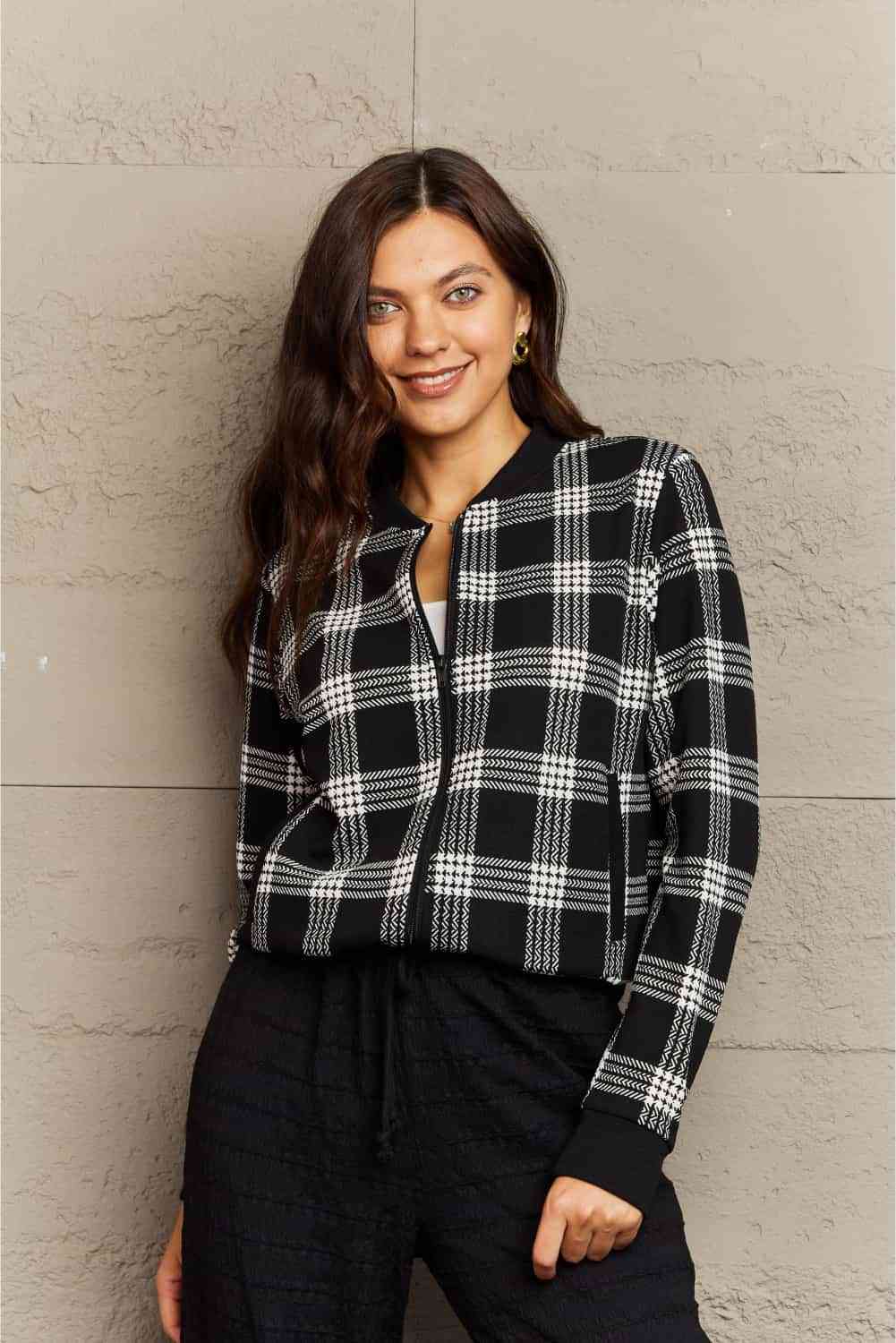 Ninexis Full Size Plaid Round Neck Long Sleeve Jacket