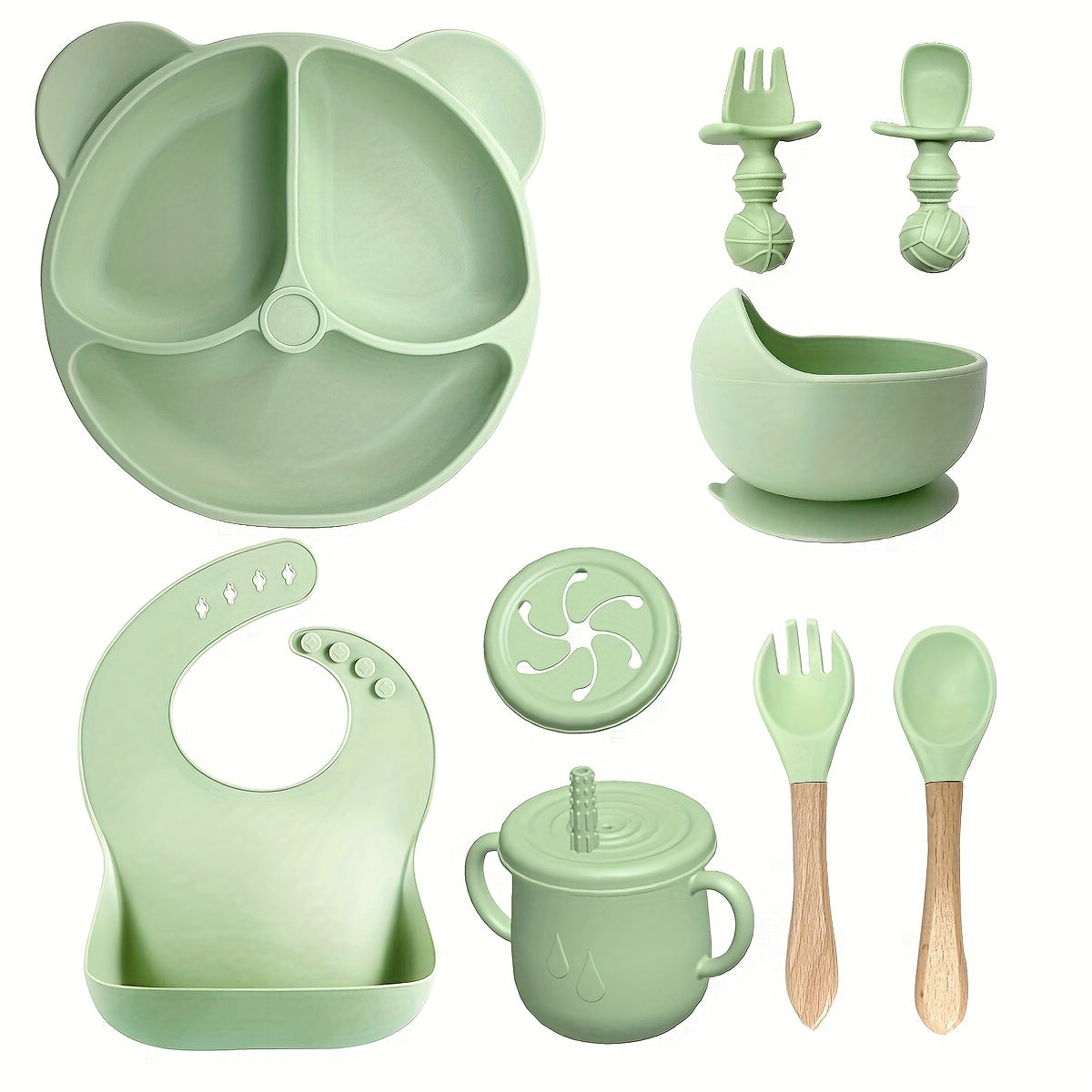 10pcs/set Children's Silicone Dinner Plate, Suction Cup Bowl, Spoon,  Baby Food Supplement Bowl, Dinner Plate Feeding Tableware, Bear Snail Water Drop Cup, Wooden Fork And Spoon