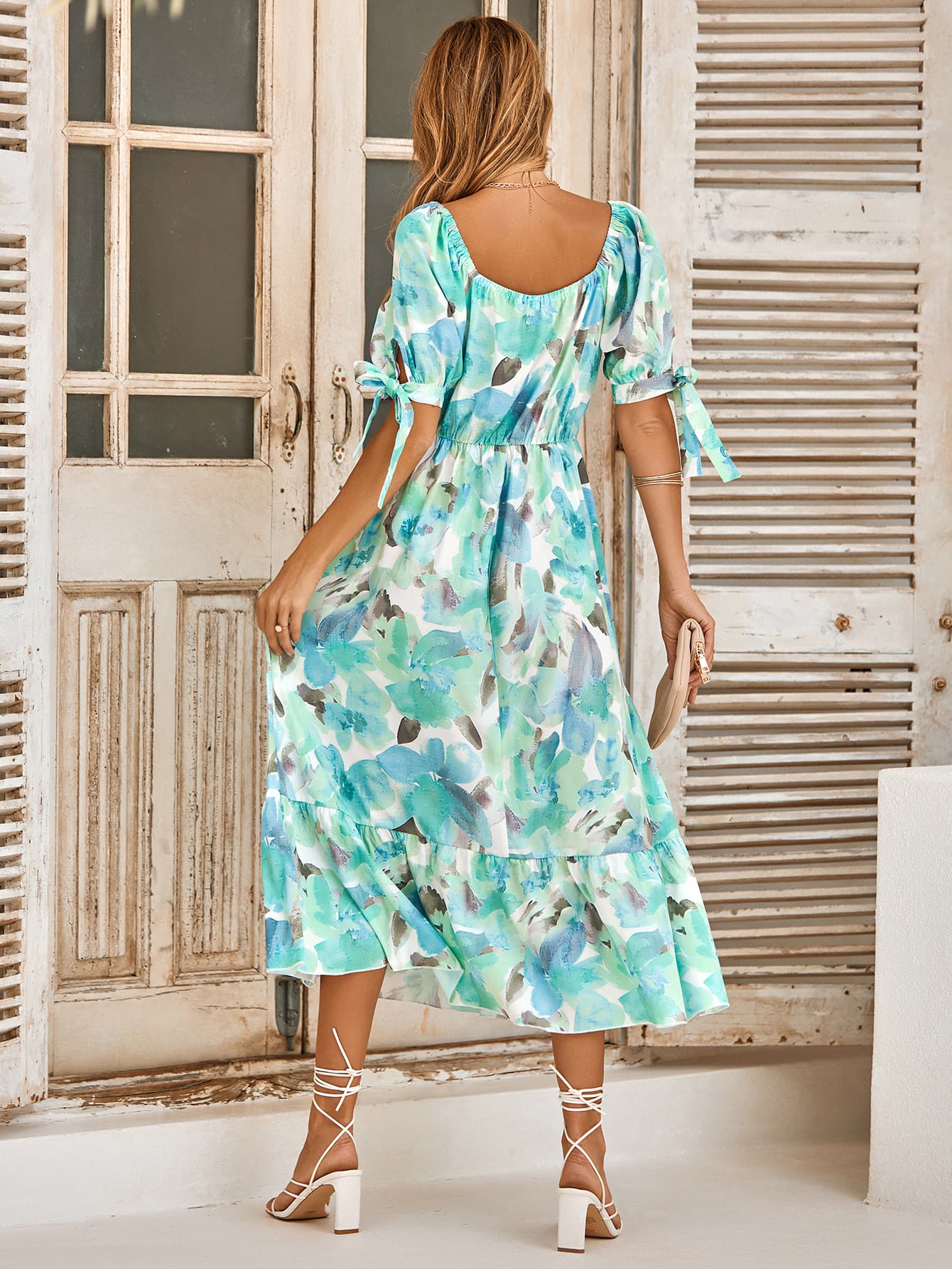 Floral Tie Cuff Surplice Neck Dress