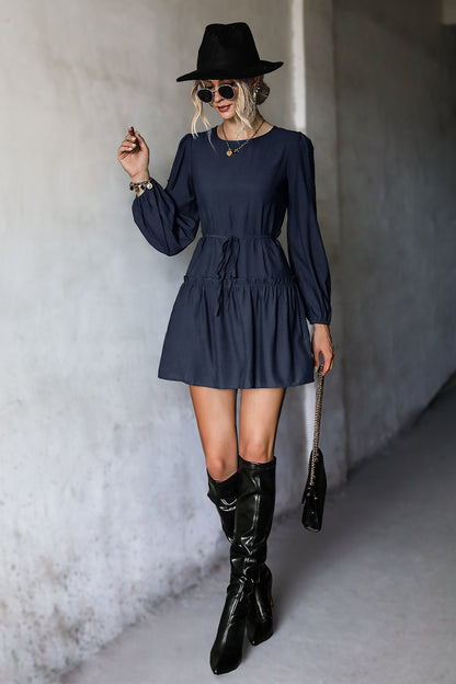 Frill Trim Tie Waist Puff Sleeve Mini Dress