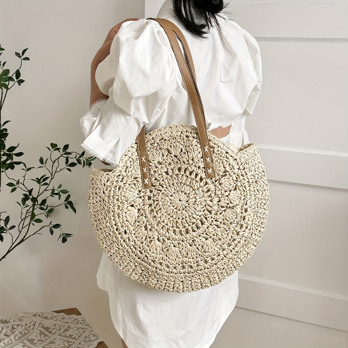 Woven Straw Round Handbags, Hollow Out Summer Beach Bag, Women's Large Capacity Shoulder Bag