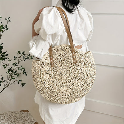 Woven Straw Round Handbags, Hollow Out Summer Beach Bag, Women's Large Capacity Shoulder Bag