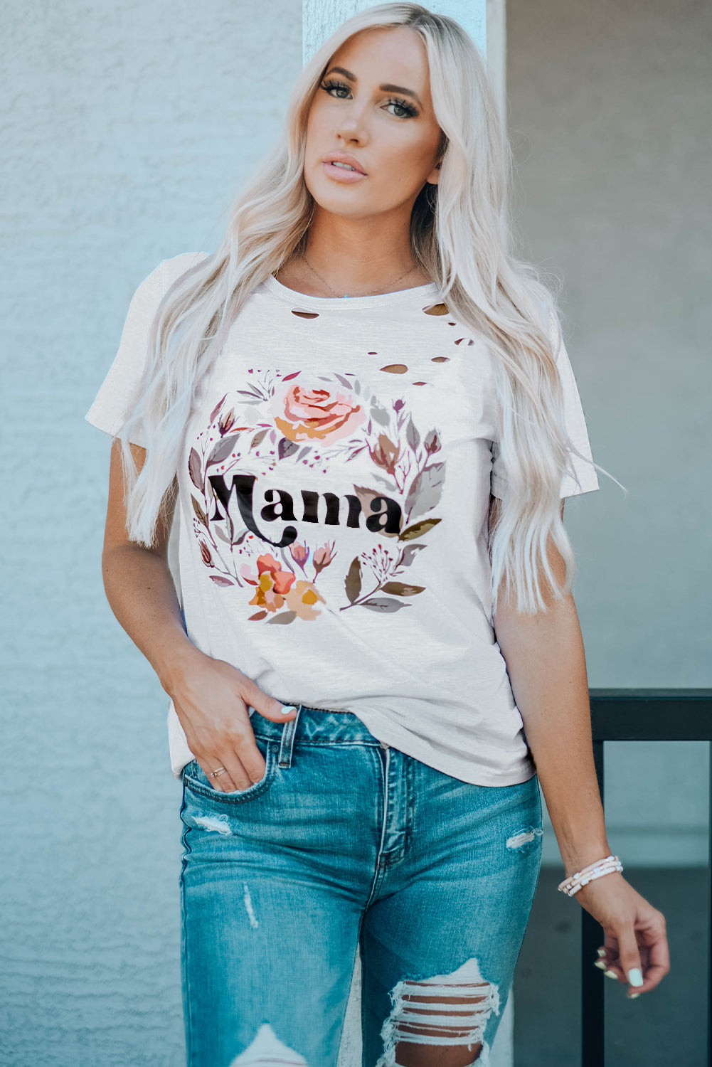 T-shirt effet vieilli à motif floral MAMA