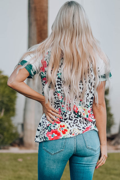 Floral Leopard Short Raglan Sleeve T-Shirt