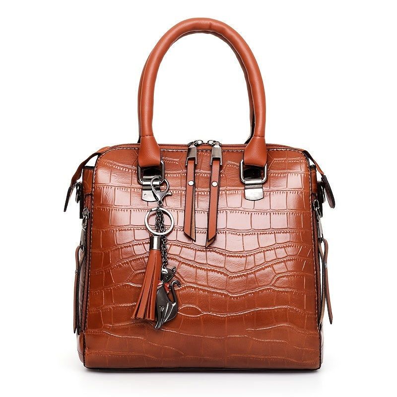 4-Piece Croc-Embossed Handbag Set: Tassel-Decorated Shoulder Bag, Wristlet Purse & Card Holder