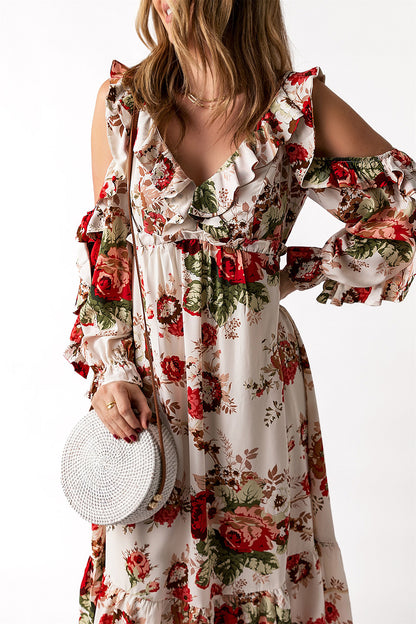 Floral Cold-Shoulder Ruffled Dress