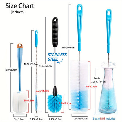 5pcs Bottle Brush Cleaning Set - Clean Narrow Neck Beer Bottles, Wine Decanter, Pipes, Hydro Flask Tumbler & More!