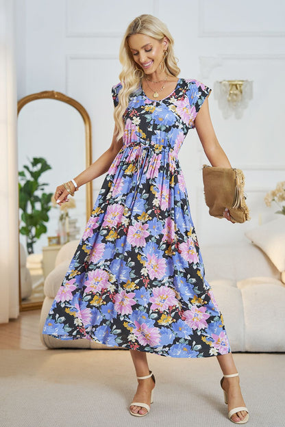 Robe midi trapèze fleurie à col en V