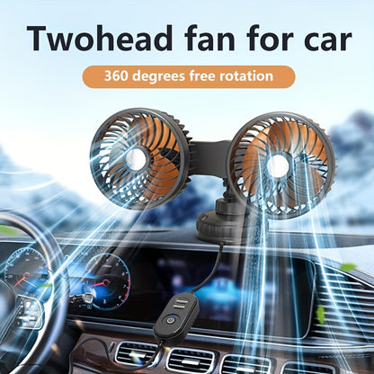 12V / 24V Portable Car Twin Head Fan USB Dual Fan Rear Seat Fan Baby Car Cooling Fan Low Noise Radiator Fan Car Ventiliator 360 Degrees Free Rotation