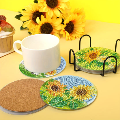 8pcs/set Artificial Diamond Painting Coasters - Sunflower Pattern Decor With Shelves - Perfect Home Decor!