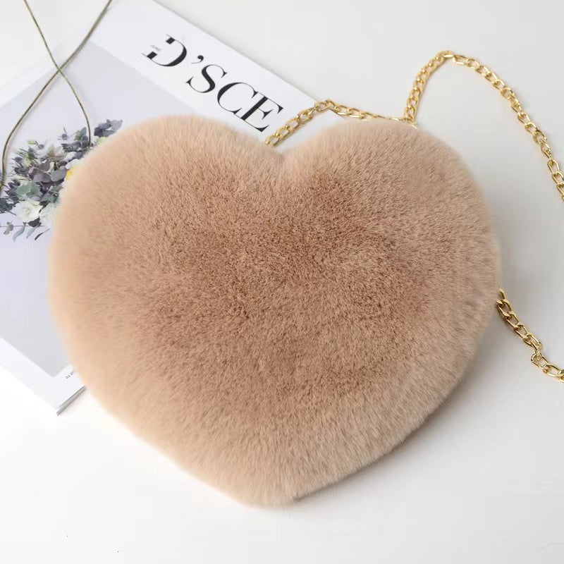 Valentine's Day Perfect: Heart-Shaped Fluffy Shoulder Bag with Chain Crossbody & Cute Zipper Purse