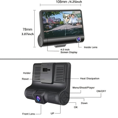 Triple Recording Car DVR - 1080P HD Front, Interior, and Rear Cameras with 4.0-inch Screen, Reverse Image, and Loop Recording - Capture Every Angle for Ultimate Safety and Security