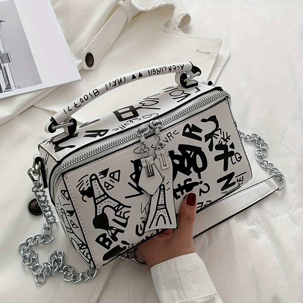 Trendy Graffiti Handbag for Women - Stylish Chain Crossbody Bag with Small Zipper Box Purse