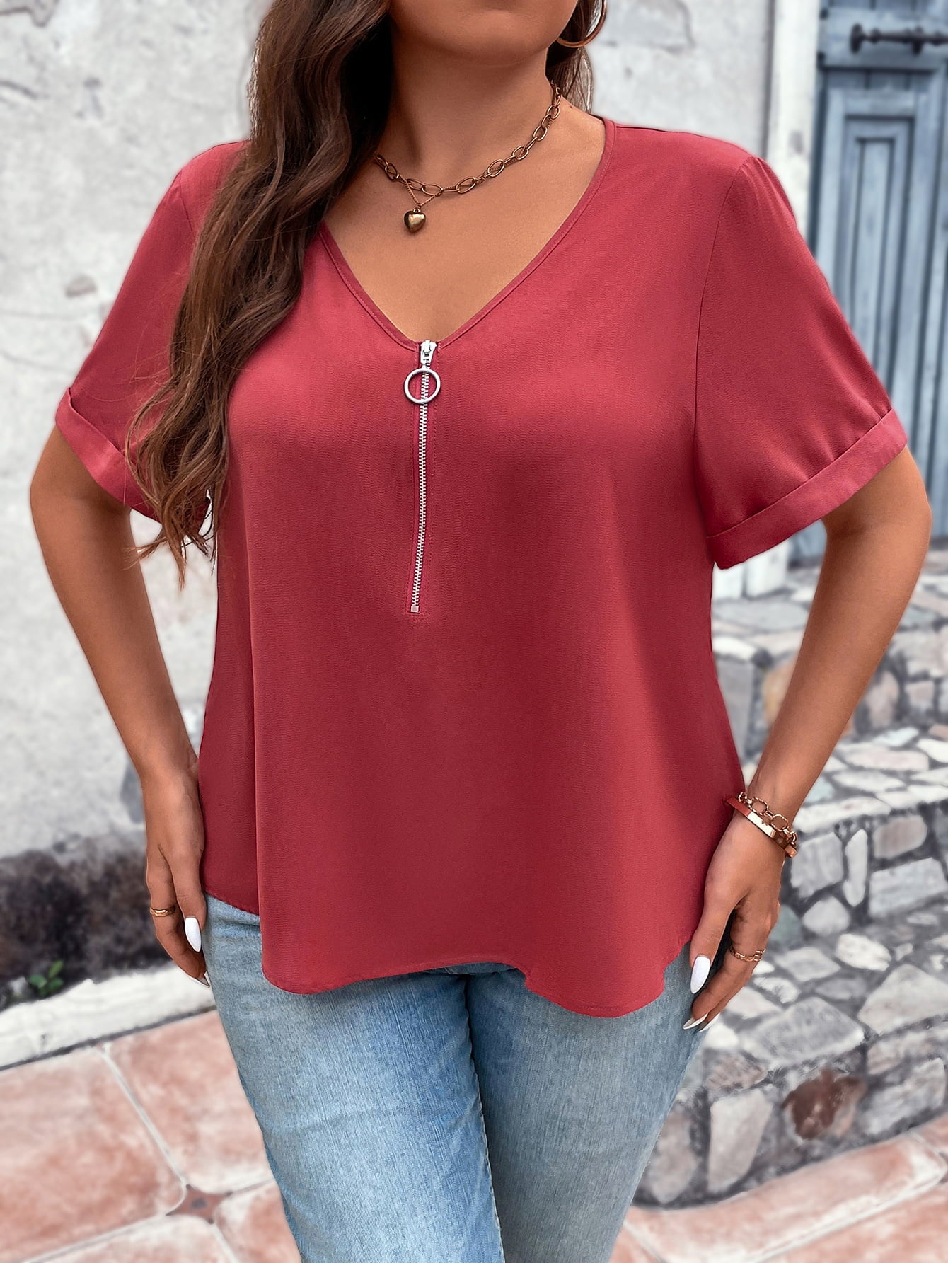 Plus Size V-Neck Short Sleeve Blouse with Zipper