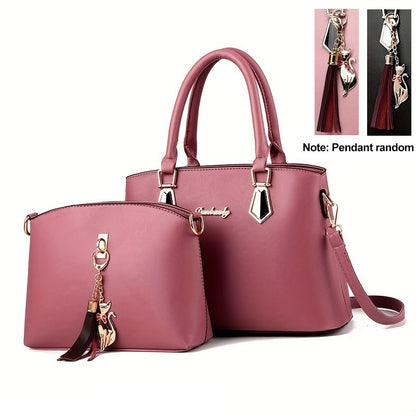 Women's 2-Piece PU Leather Bag Set - Tassel Decor Handbag & Crossbody Purse for Work & Office