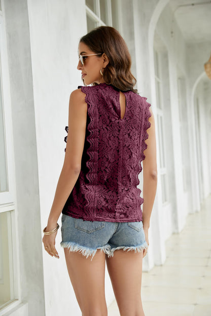 Lace Scalloped Keyhole V-Neck Tank