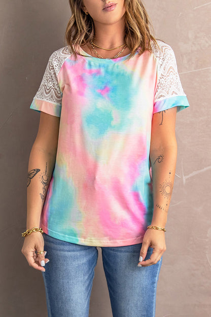 Tie-Dye Spliced Lace Raglan Sleeve Tee