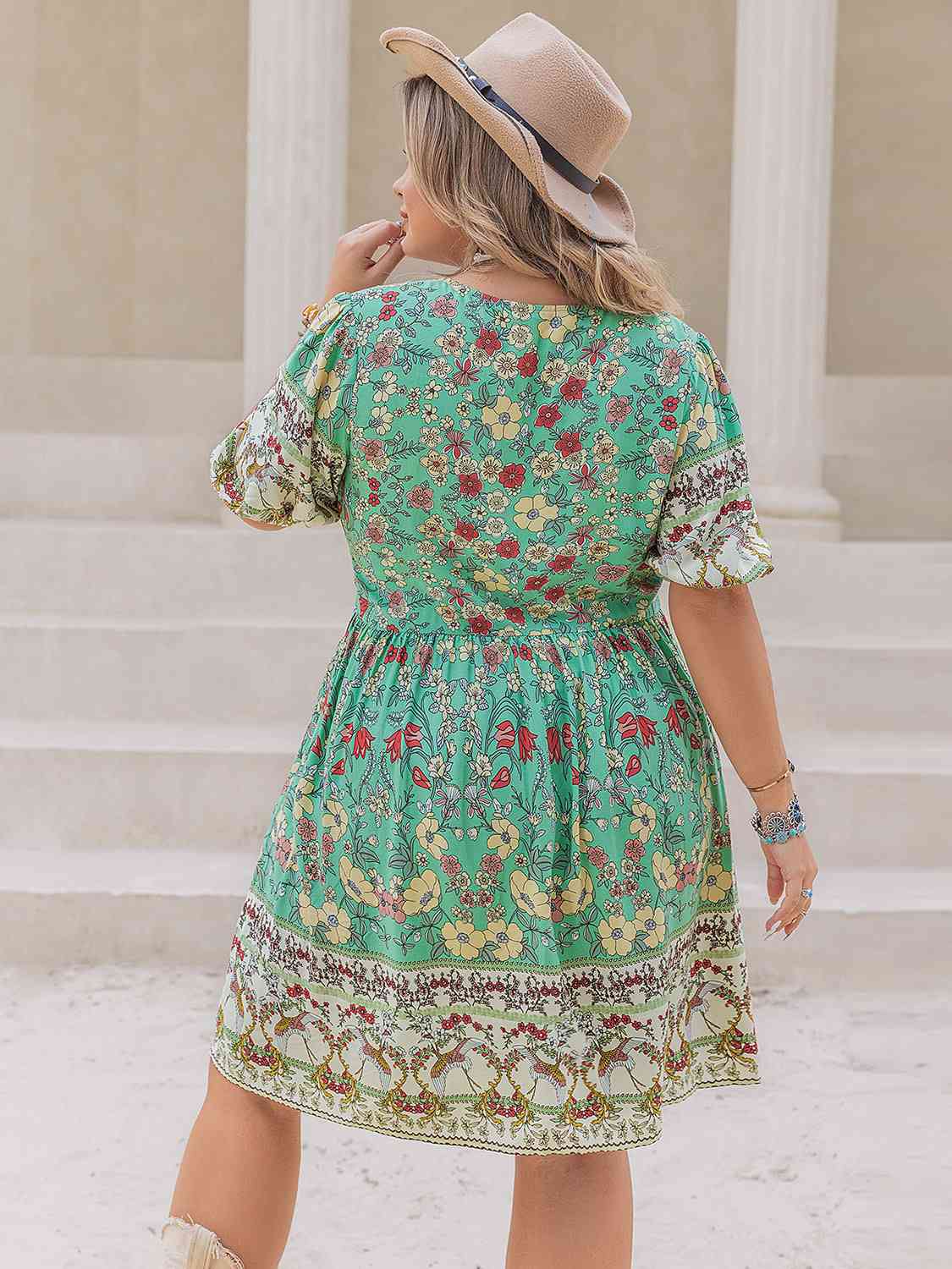 Plus Size Printed V-Neck Short Sleeve Mini Dress