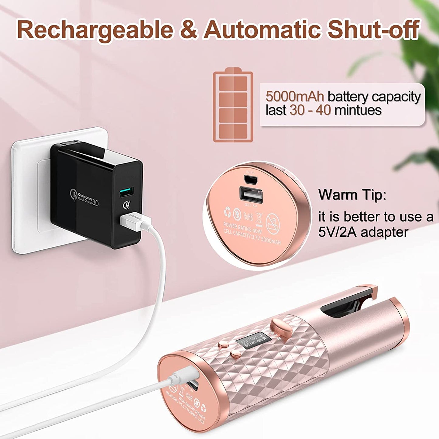 5000mAh Portable Wireless Hair Curler with LCD Screen & Diamond Pattern - Fully Automatic Charging & Curling!