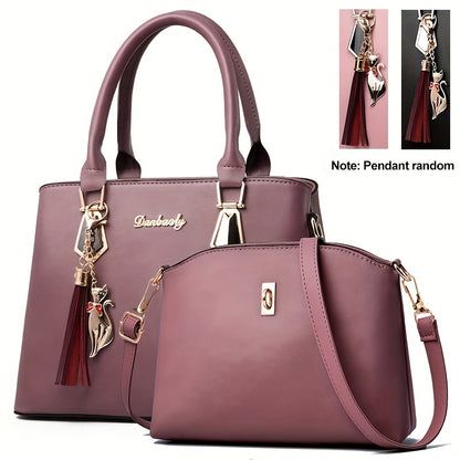 Women's 2-Piece PU Leather Bag Set - Tassel Decor Handbag & Crossbody Purse for Work & Office