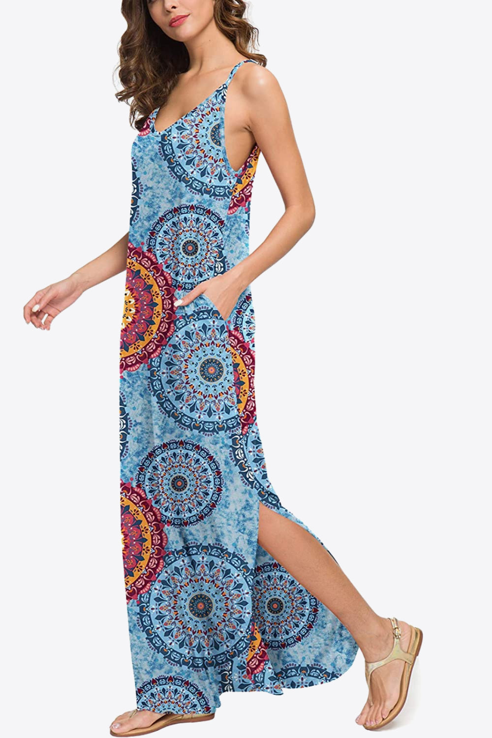 Printed Spaghetti Strap Slit Maxi Dress