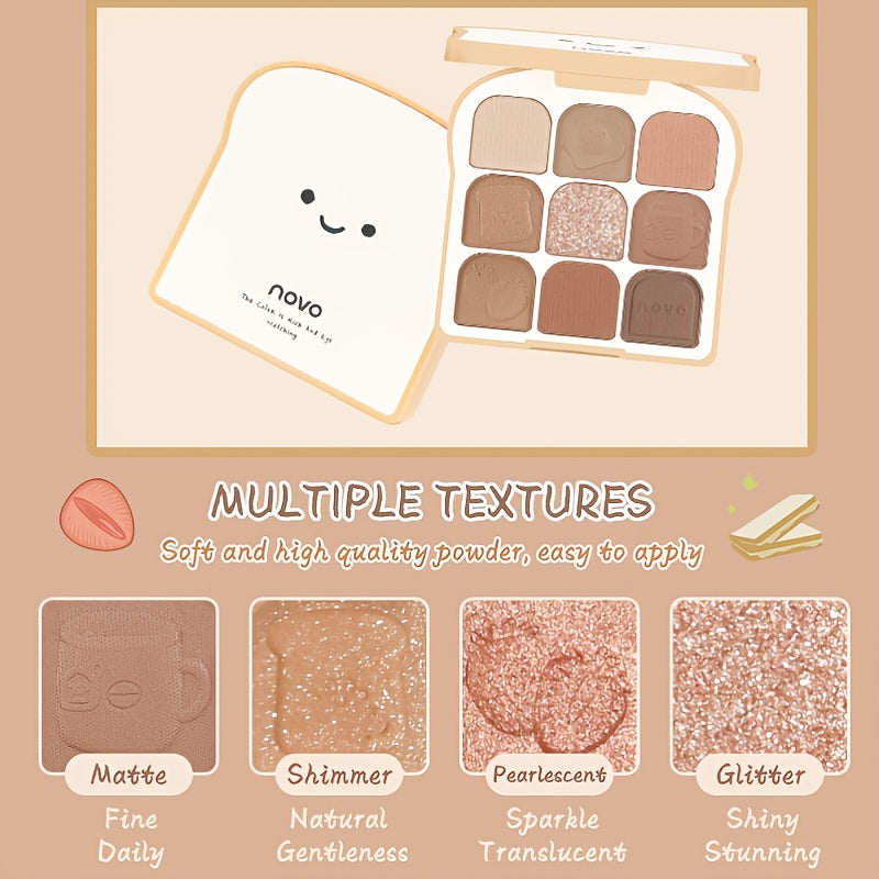 9-Color Toast-Shaped Eyeshadow Palette: Highly Pigmented, Waterproof Shades with Multiplex Textures for Matte, Shimmer, Pealescent & Glitter!