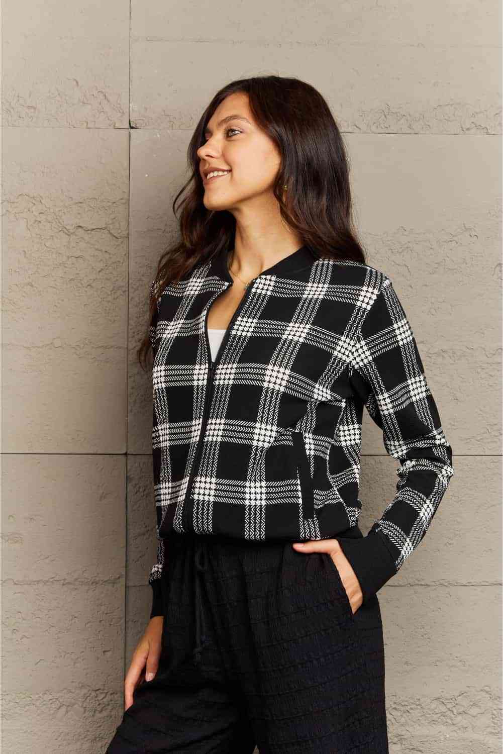 Ninexis Full Size Plaid Round Neck Long Sleeve Jacket