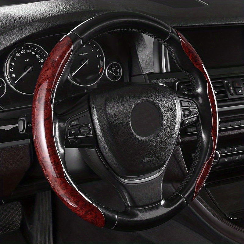 Upgrade Your Ride with a Non-Slip Carbon Fiber Steering Wheel Cover - Classic Wood Grain Design for Men & Women