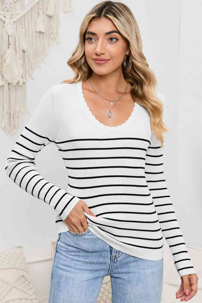 Striped Round Neck Long Sleeve Knit Top