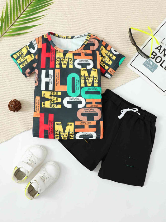 Slogan Print Round Neck Top and Shorts Set