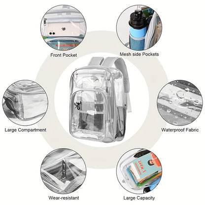 Student Clear Backpack, Large Heavy Duty PVC Transparent Backpack, See Through With Reinforced Straps Backpack Clear Bookbag For School, Sports, Work, Travel, College,Grey Black Pink Purple