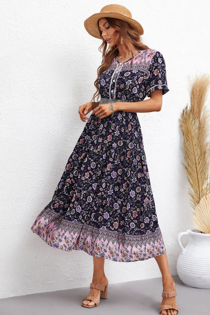 Bohemian V-Neck Short Sleeve Midi Dress