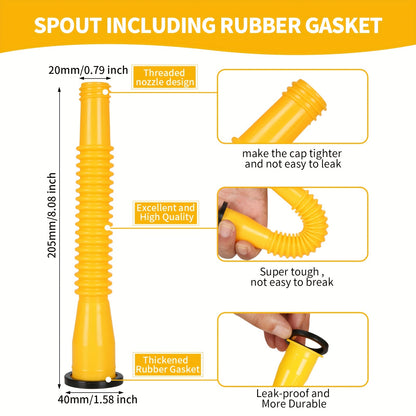 (2kit-Yellow) Gas Can Spout Replacement Kit with Long Stem Funnel and Anti-Splash Plastic Funnel - Includes 4 Screw Collar Caps