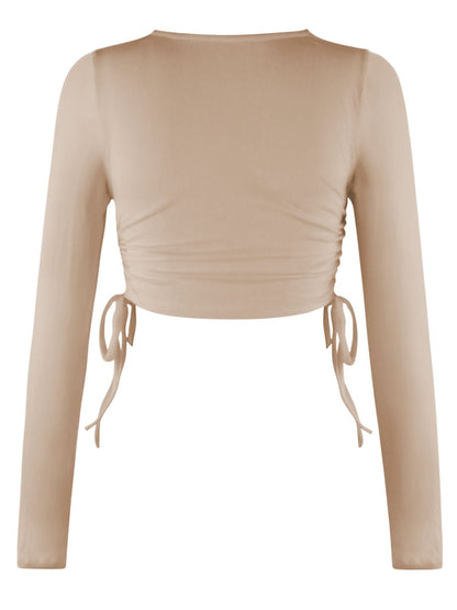 Drawstring Round Neck Long Sleeve Top