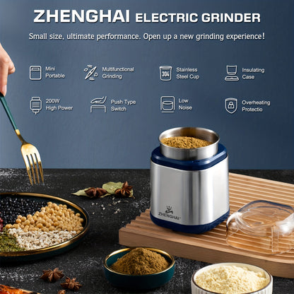 200W Electric Spice & Herb Grinder - Compact, Fast & Easy Grinding for Coffee Beans, Dry Spices & Herbs - Includes Pollen Catcher & Cleaning Brush!