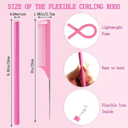 10/30pcs Flexible Curling Rods Set - No Heat Hair Curlers for Short and Long Hair - Flexi Rods with Steel Pintail Comb and Rat Tail Comb - Twist Foam Rollers for Hair Twist and Curls