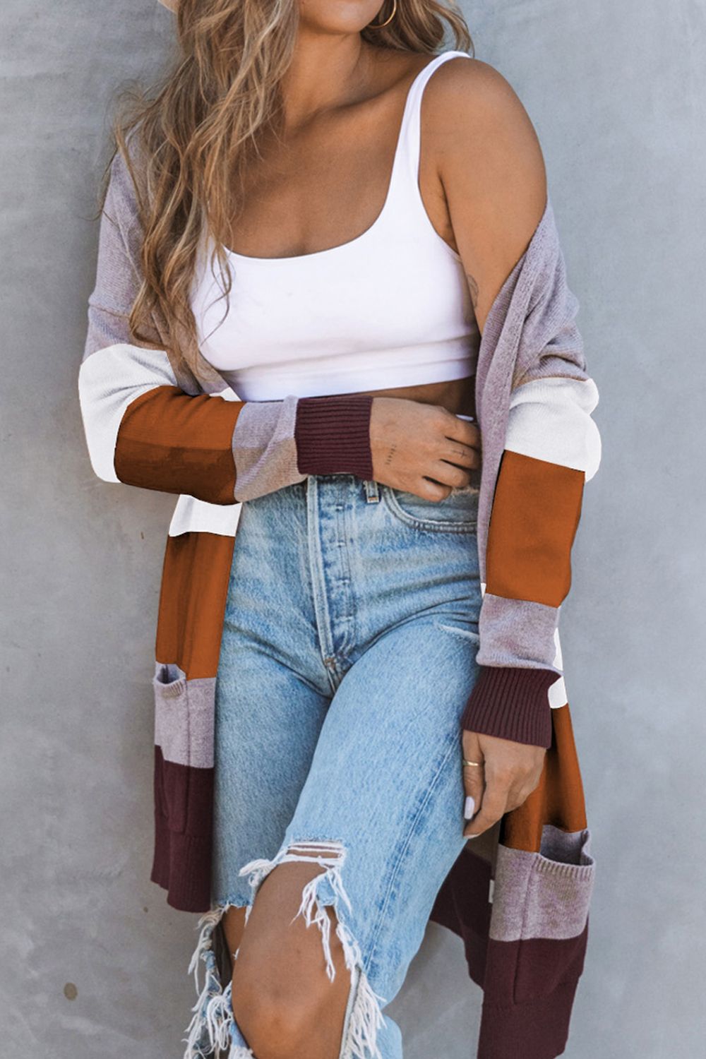 Color Block Open Front Ribbed Cuff Cardigan with Pockets