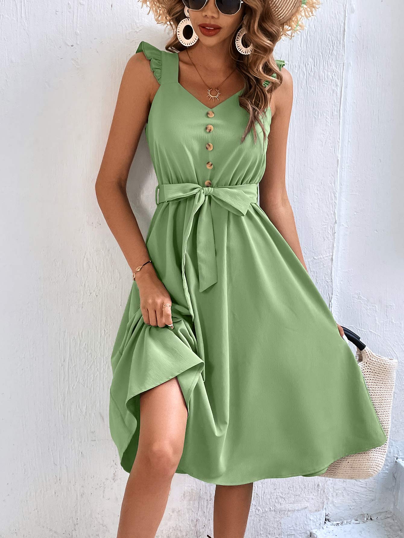 Decorative Button Tie Waist A-Line Dress