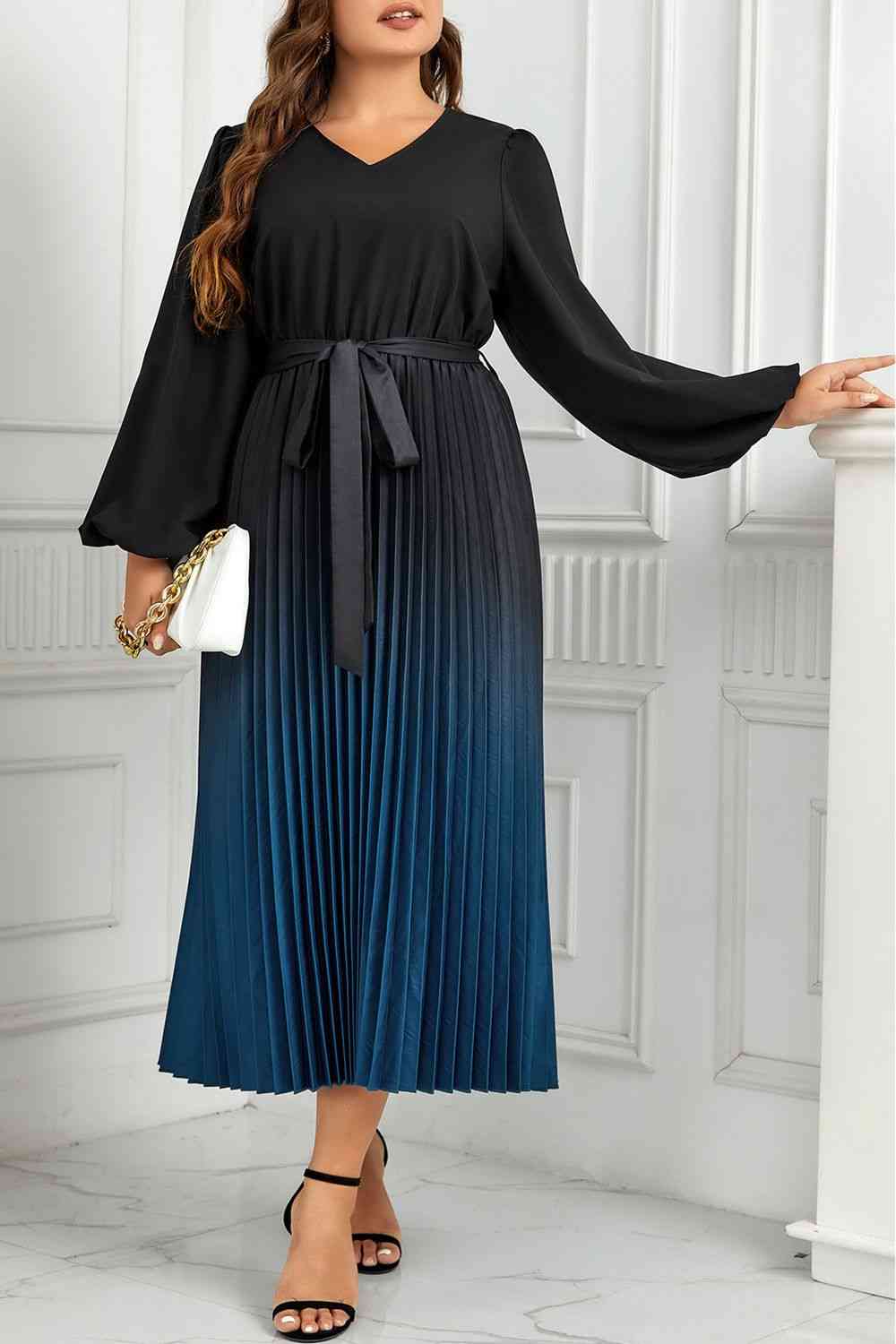 Robe Midi Plissée à Col en V et Manches Longues à Nouer à la Taille de Grande Taille