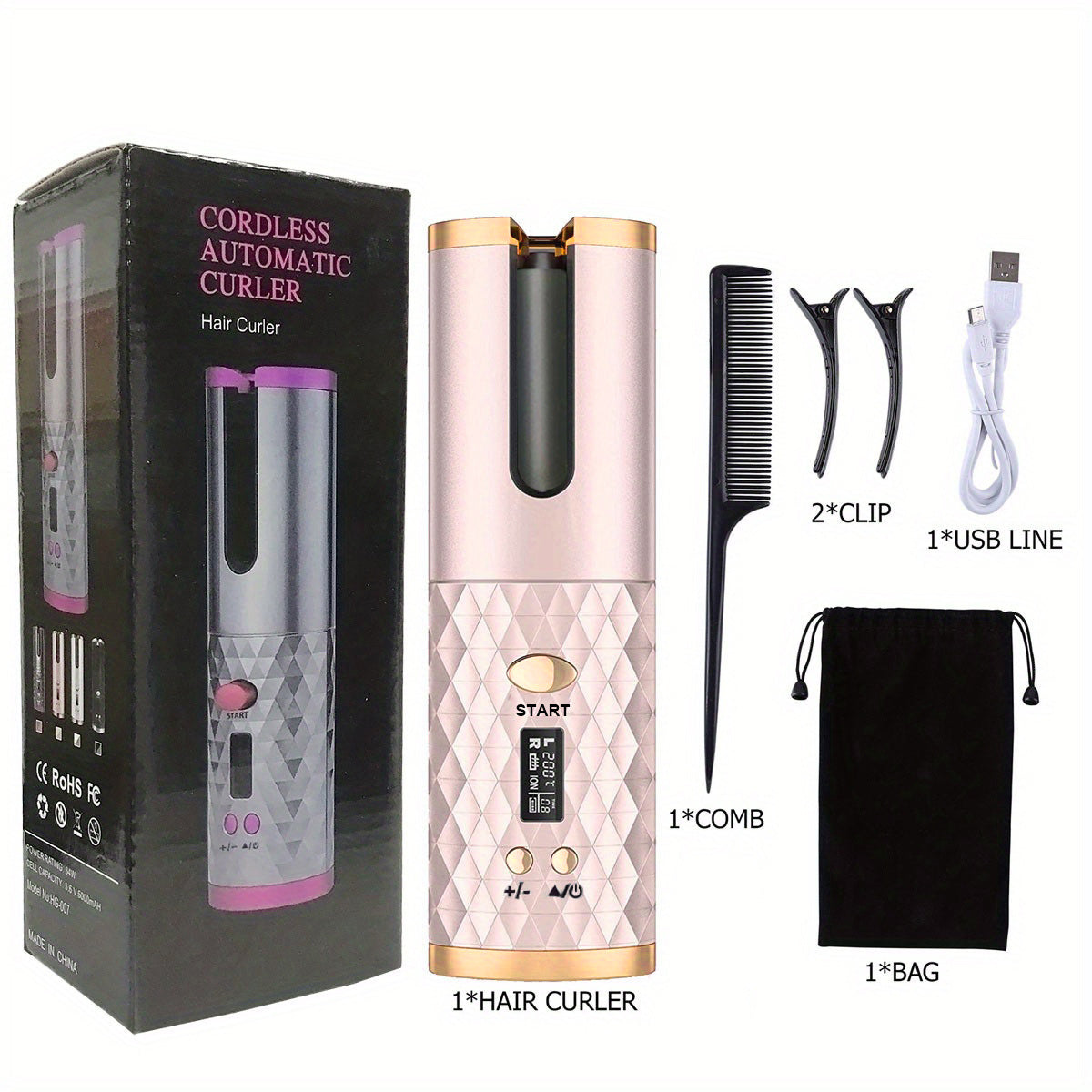 5000mAh Portable Wireless Hair Curler with LCD Screen & Diamond Pattern - Fully Automatic Charging & Curling!