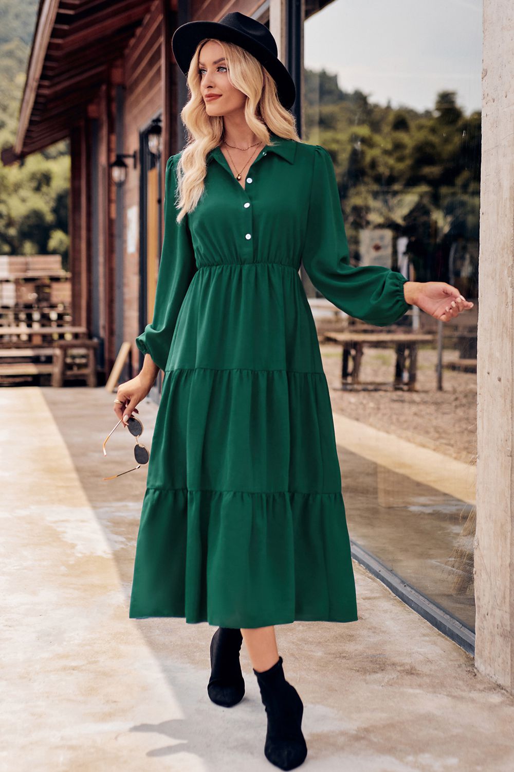 Collared Neck Long Sleeve Midi Dress