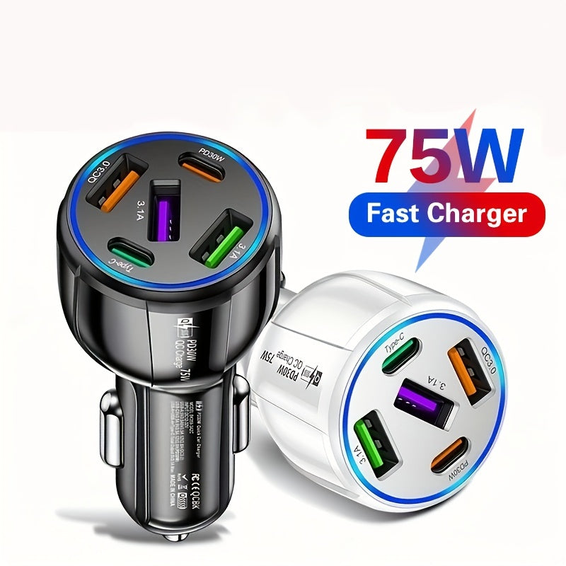 75W Fast Charging 5-in-1 Car Charger: 3USB+2PD, Dual Line, One Drag, Mobile Phone Charger