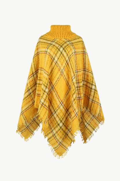 Plaid Turtleneck Fringe Hem Poncho