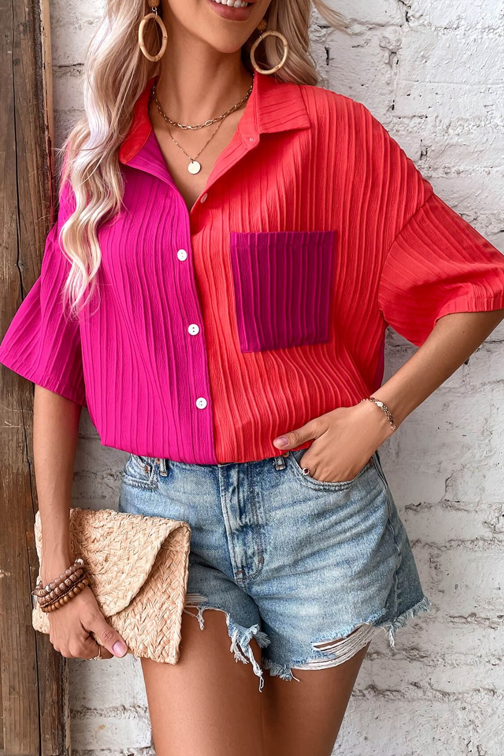 Two-Tone Button Front Dropped Shoulder Shirt