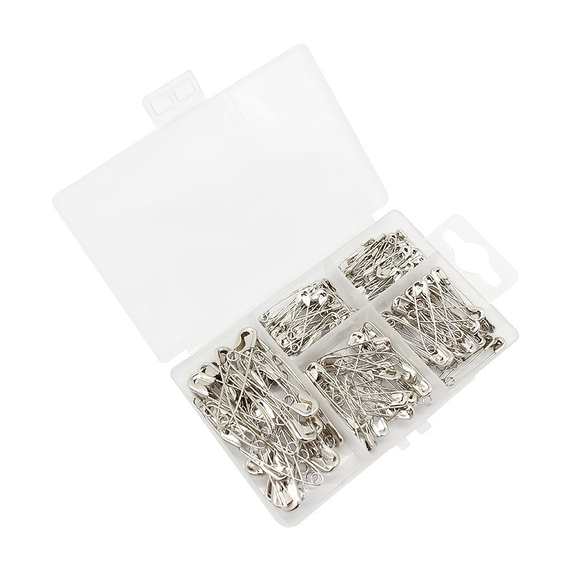 150pcs Safety Pins With 4 Different Sizes/Box About 150pcs, Metal Silvery, Sewing Supplies